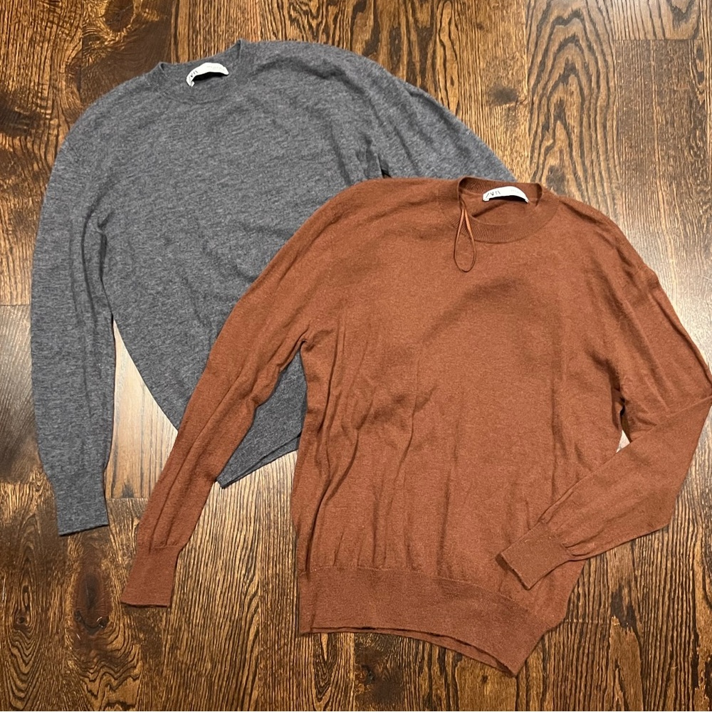Bundle – Zara Wool Crewneck Sweaters – Size S (Gray & Rust Brown)